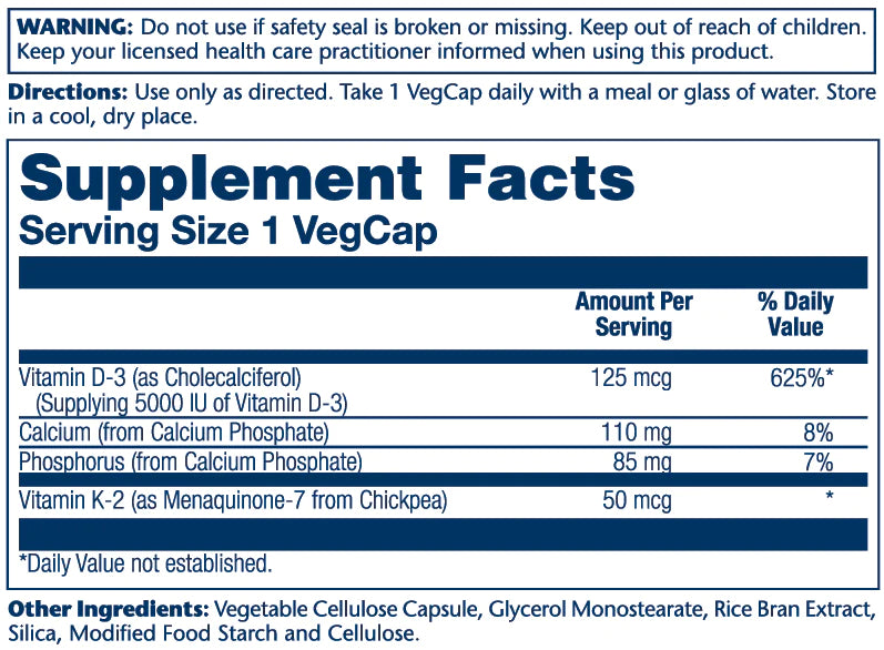 Solaray Vitamin D3 + K2 125 mcg | 50 mcg 120 Veg Capsules