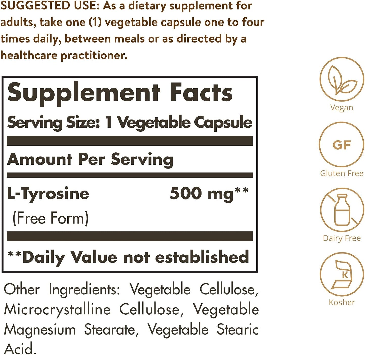 Solgar L-Tyrosine 500 mg 100 Vegetable Capsules