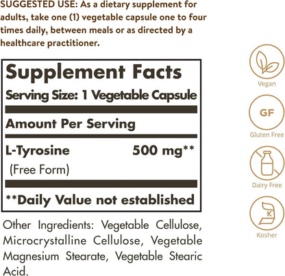 Solgar L-Tyrosine 500 mg 100 Vegetable Capsules