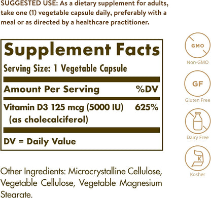 Solgar vitamin D3 (Cholecalciferol) 125 mcg (5,000 IU) vegetable capsules