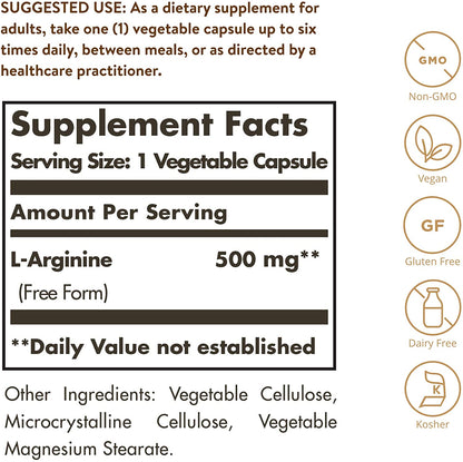 Solgar L- Arginine 500 MG, 100 Vegetable Capsules