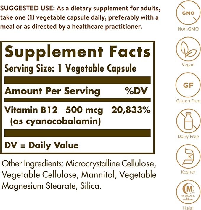 Solgar Vitamin B12 500 mcg 100 Vegetable Capsules