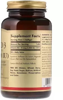 Solgar Vitamin D3 (cholecalciferol) 25 mcg (1000 IU) 100 Softgels